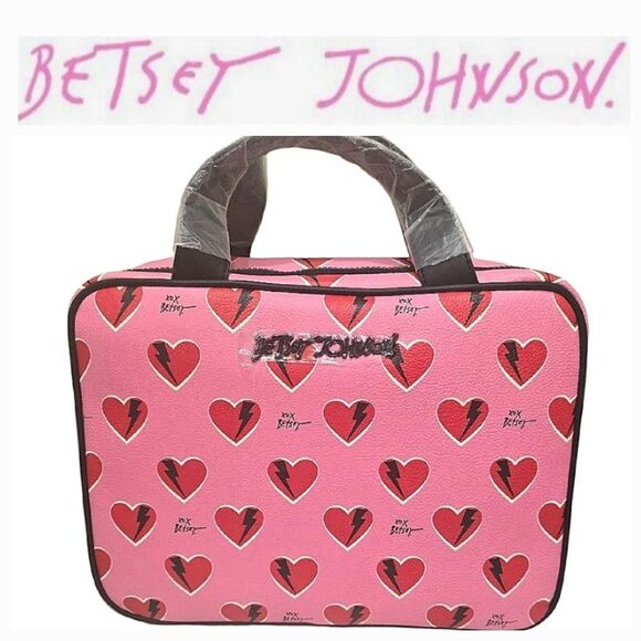 Betsey Johnson Pink Heart Print Cosmetic Bag - Picture 1 of 6